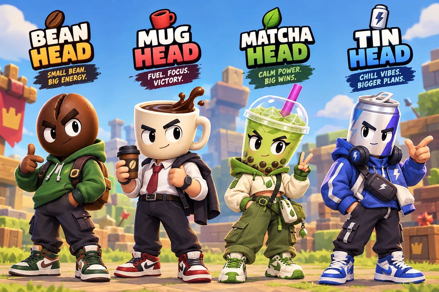Bean Head, Mug Head, Matcha Head and Tin Head standing together in a blocky arena